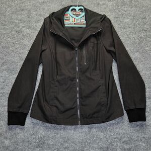 Betabrand Jacket Womens Large Black Hooded Full Zip Cassette Tape Retro Lining